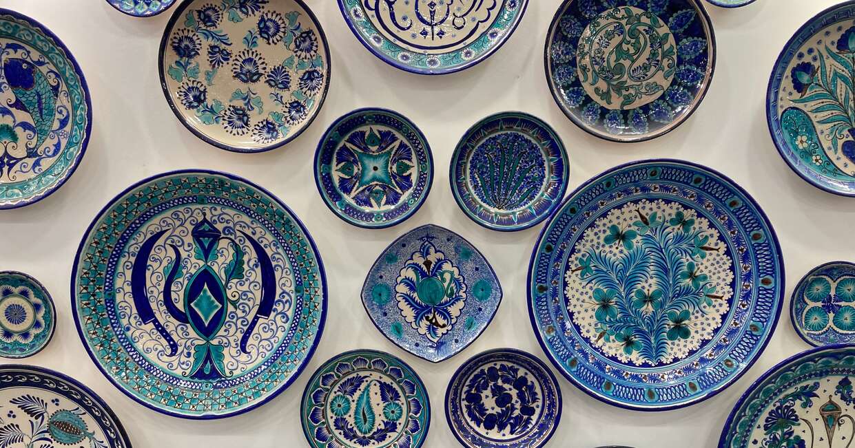 Traditional blue and white ceramics from Rishtan, Uzbekistan